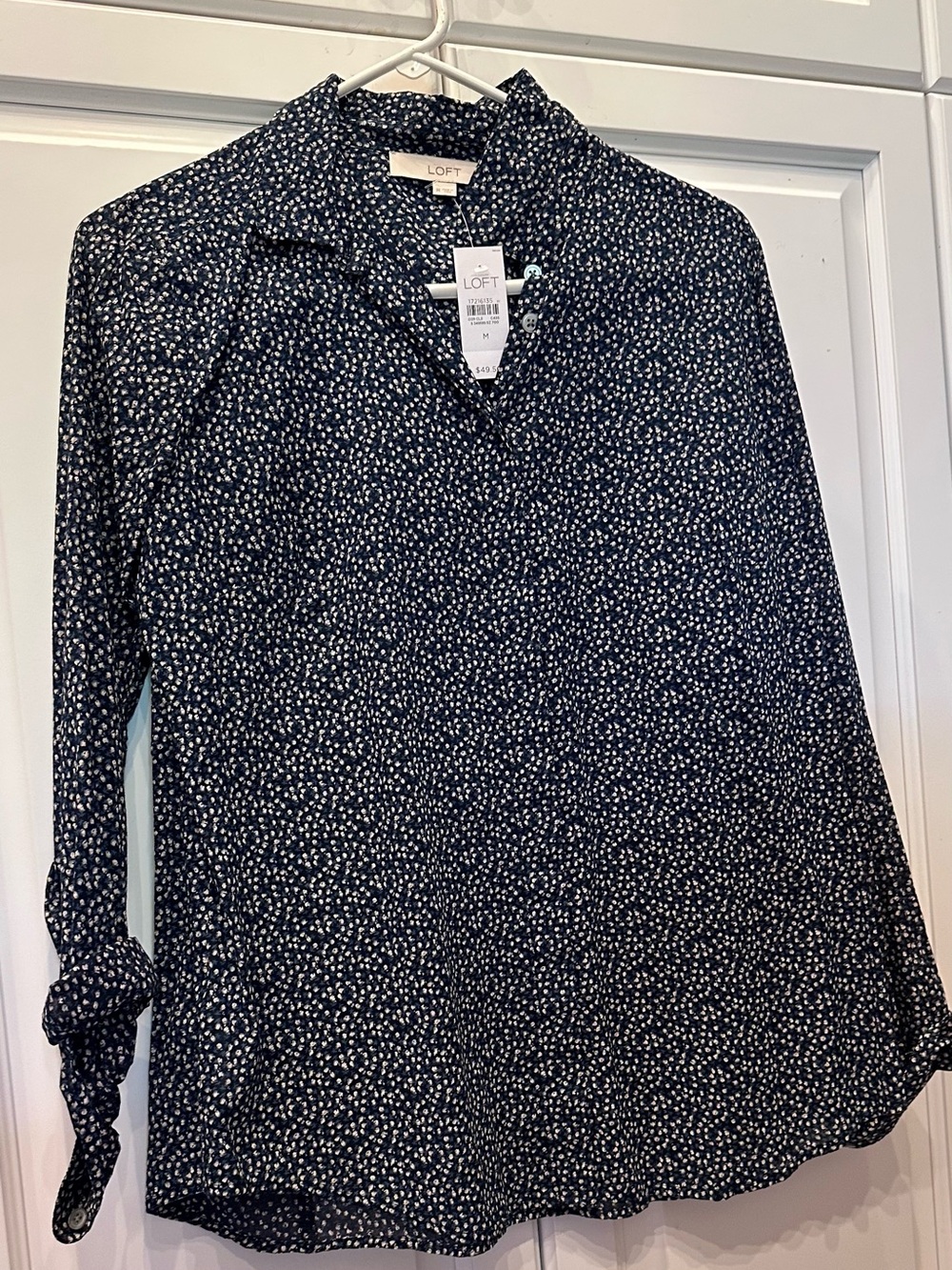 LOFT Navy & White Ditsy Print Cotton Long-Sleeve Blouse New With Tags!